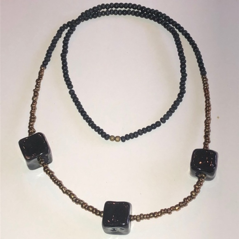 Elegant Black Glass and Bronze Tone Beaded Boho Necklace